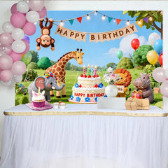 Lofaris Niedlicher bunter Cartoon-Dschungeltier-Geburtstagshintergrund mit Ballons und Kuchen für Kindergeburtstage