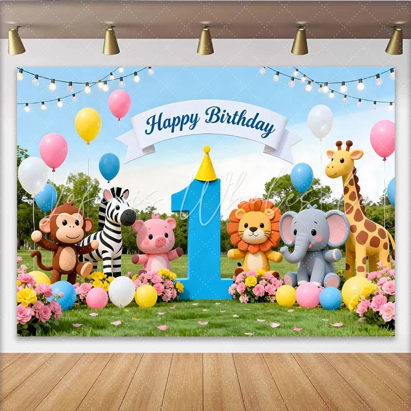 Lofaris Niedlicher bunter Safari-Tier-1.-Geburtstagshintergrund mit Ballons und Dschungel-Motiv für Babyparty und Kinder