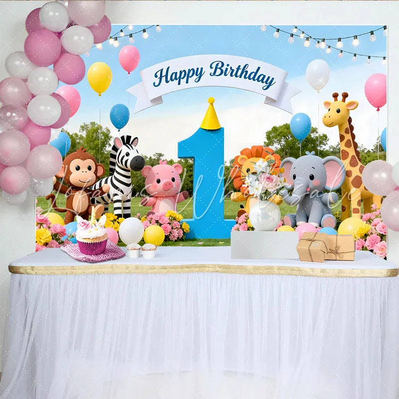 Lofaris Niedlicher bunter Safari-Tier-1.-Geburtstagshintergrund mit Ballons und Dschungel-Motiv für Babyparty und Kinder