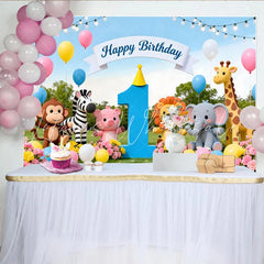 Lofaris Niedlicher bunter Safari-Tier-1.-Geburtstagshintergrund mit Ballons und Dschungel-Motiv für Babyparty und Kinder