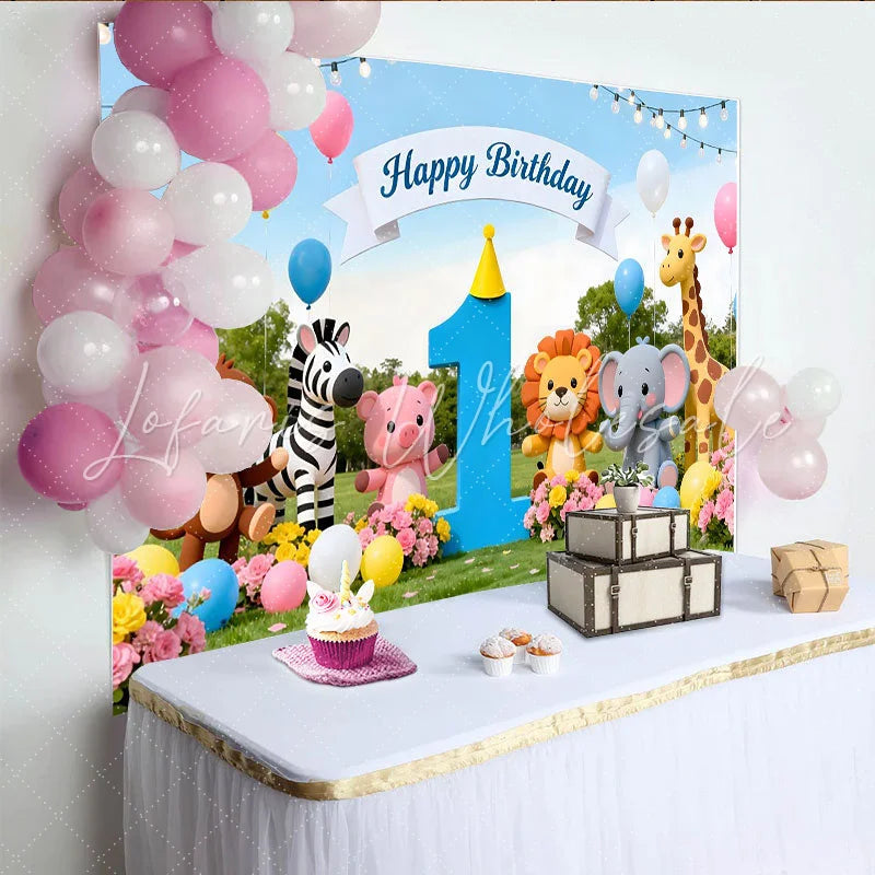 Lofaris Niedlicher bunter Safari-Tier-1.-Geburtstagshintergrund mit Ballons und Dschungel-Motiv für Babyparty und Kinder