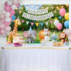 Lofaris Niedlicher Cartoon-Tier-Geburtstagshintergrund bunte Dschungeltiere und Ballons für Kinderparty Fotokulisse
