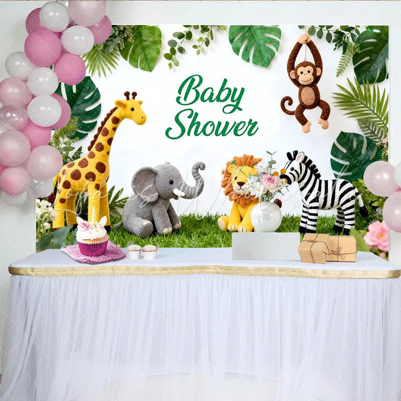 Lofaris Niedlicher Safari-Babyparty-Hintergrund mit Dschungeltieren grünen Blättern und Blumen für Jungen und Mädchen