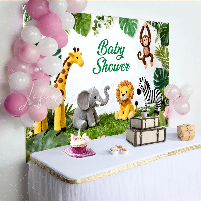 Lofaris Niedlicher Safari-Babyparty-Hintergrund mit Dschungeltieren grünen Blättern und Blumen für Jungen und Mädchen