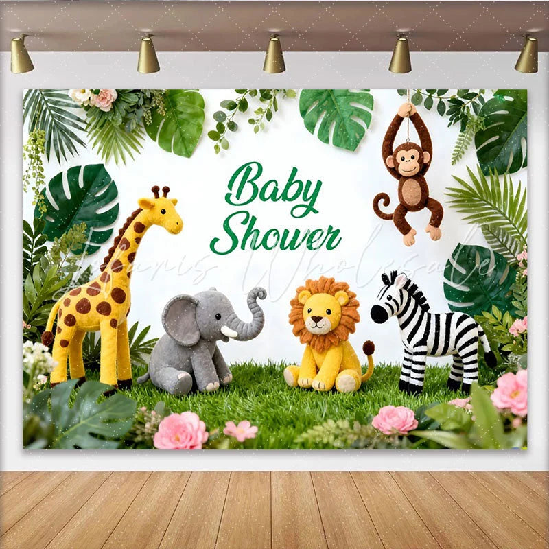 Lofaris Niedlicher Safari-Babyparty-Hintergrund mit Dschungeltieren grünen Blättern und Blumen für Jungen und Mädchen