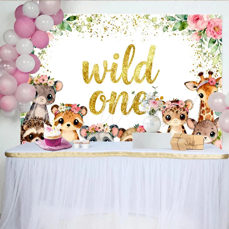 Lofaris Niedlicher Wild-One-Geburtstagshintergrund Aquarell-Waldtiere und Blumen für den ersten Geburtstag
