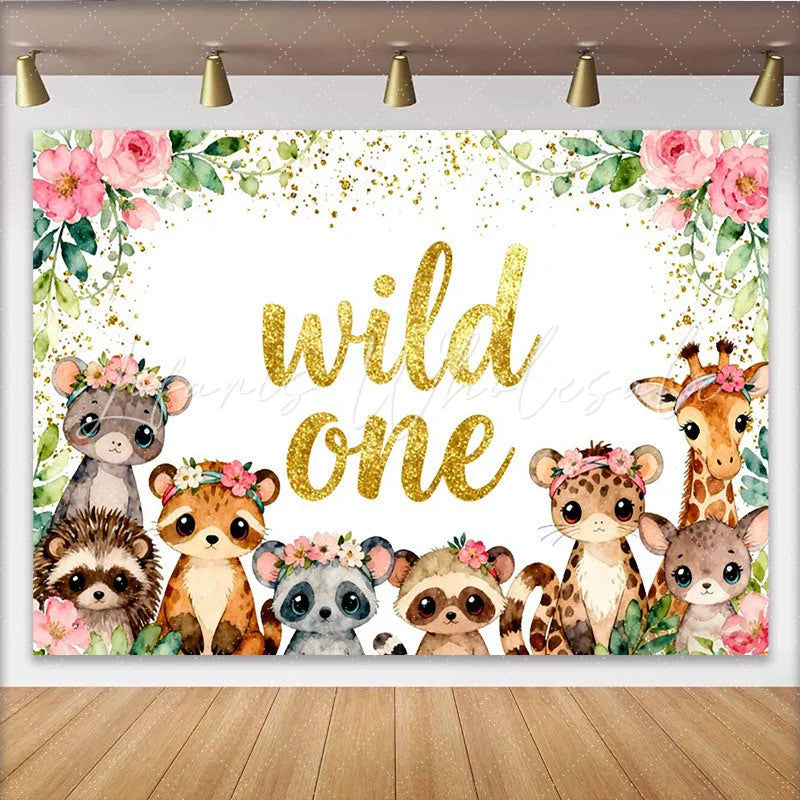 Lofaris Niedlicher Wild-One-Geburtstagshintergrund Aquarell-Waldtiere und Blumen für den ersten Geburtstag