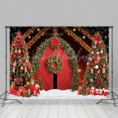 Lofaris Night Light Red Barn Arch Wreath Christmas Backdrop