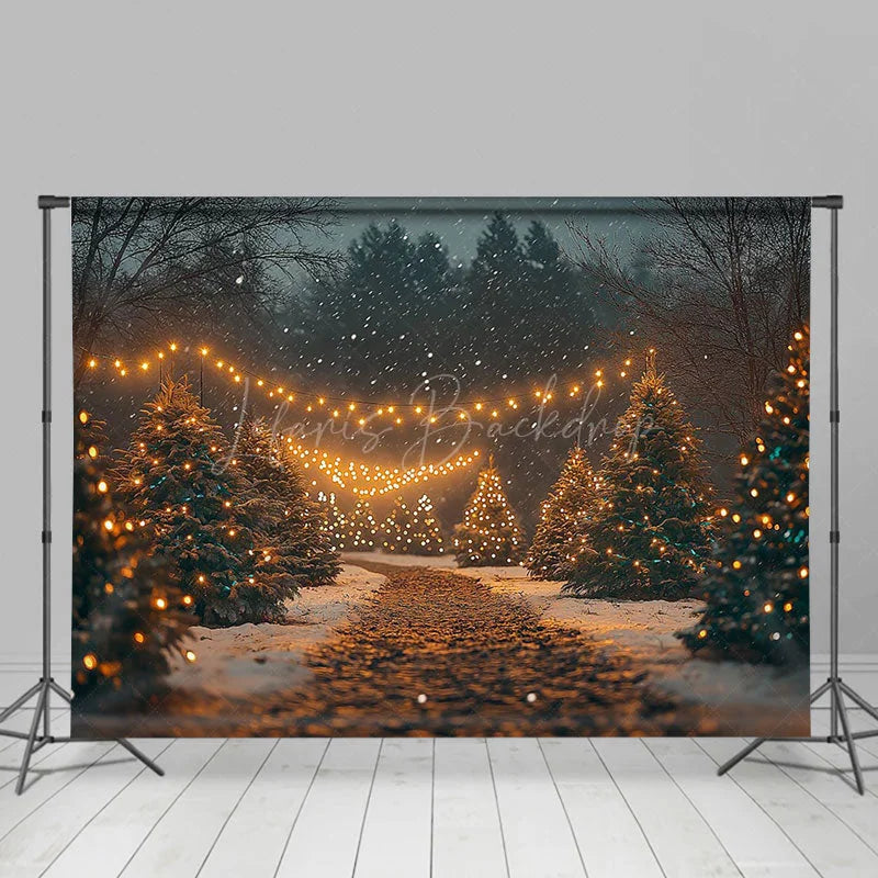 Lofaris Night Warm Light Pine Tree Path Christmas Backdrop