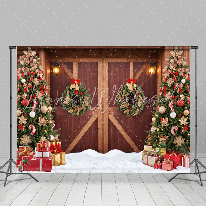 Lofaris Night Wooden Barn Door Xmas Tree Christmas Backdrop