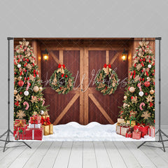 Lofaris Night Wooden Barn Door Xmas Tree Christmas Backdrop