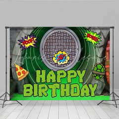 Lofaris Ninja Turtle Style Birthday Backdrop Green Sewer Tunnel and Pizza Party Decoration for Boys