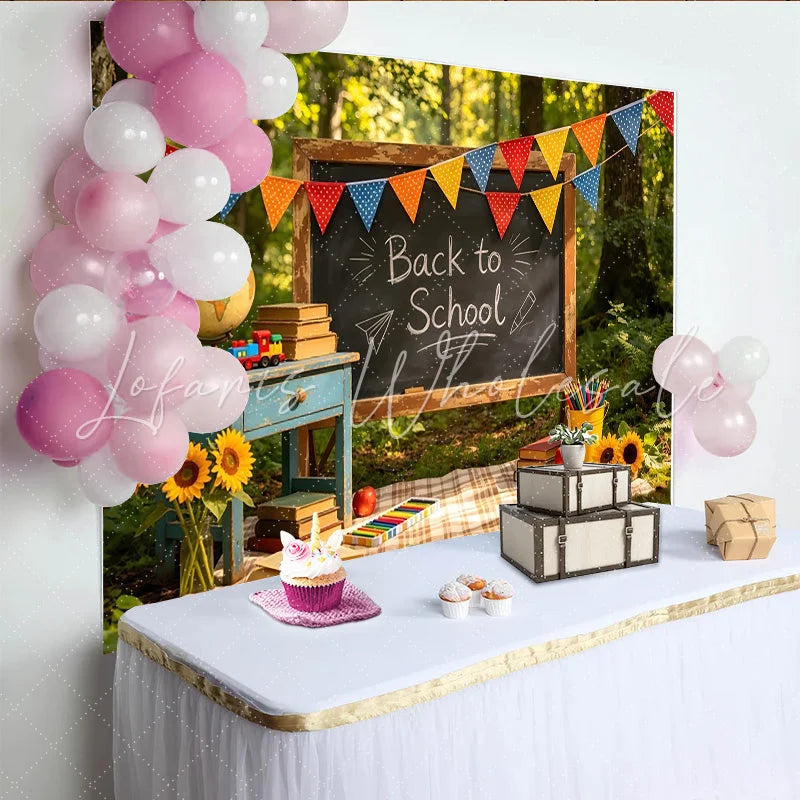 Lofaris’ Nostalgic Back to School Photography Backdrop with Blackboard and Books Colorful Bunting Banner for Classroom Decor