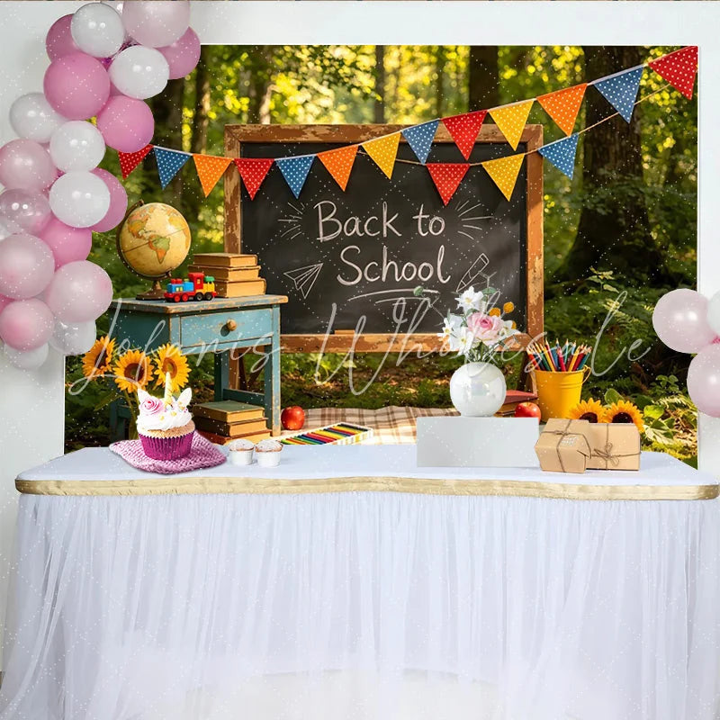 Lofaris’ Nostalgic Back to School Photography Backdrop with Blackboard and Books Colorful Bunting Banner for Classroom Decor