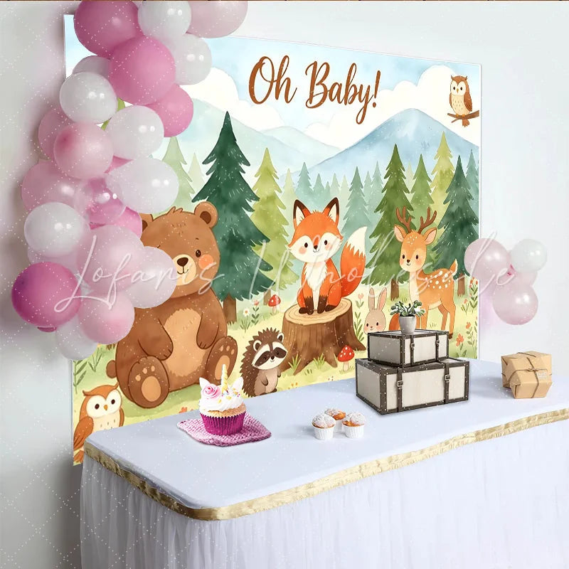 Lofaris Oh Baby Woodland Animal Baby Shower Backdrop with Forest Trees and Mountains Cute Safari Theme Photography Background for Party