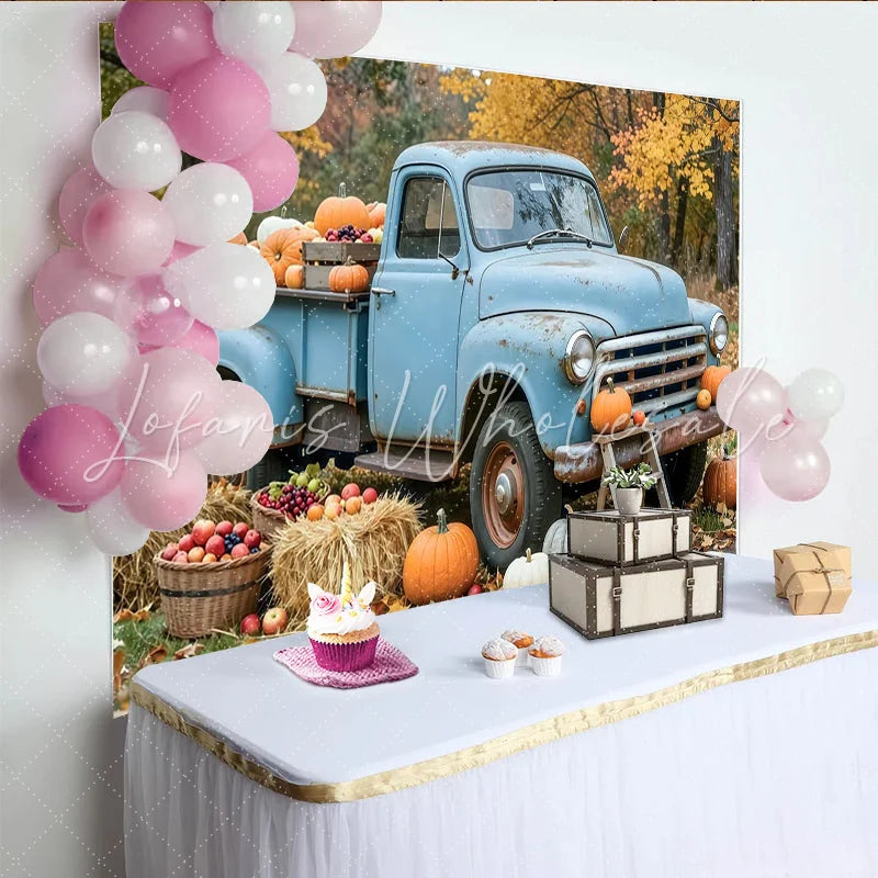 Lofaris Old Blue Truck Autumn Harvest Backdrop with Pumpkins and Hay Bales Rustic Fall Foliage Background for Thanksgiving Party Decoration