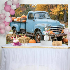 Lofaris Old Blue Truck Autumn Harvest Backdrop with Pumpkins and Hay Bales Rustic Fall Foliage Background for Thanksgiving Party Decoration