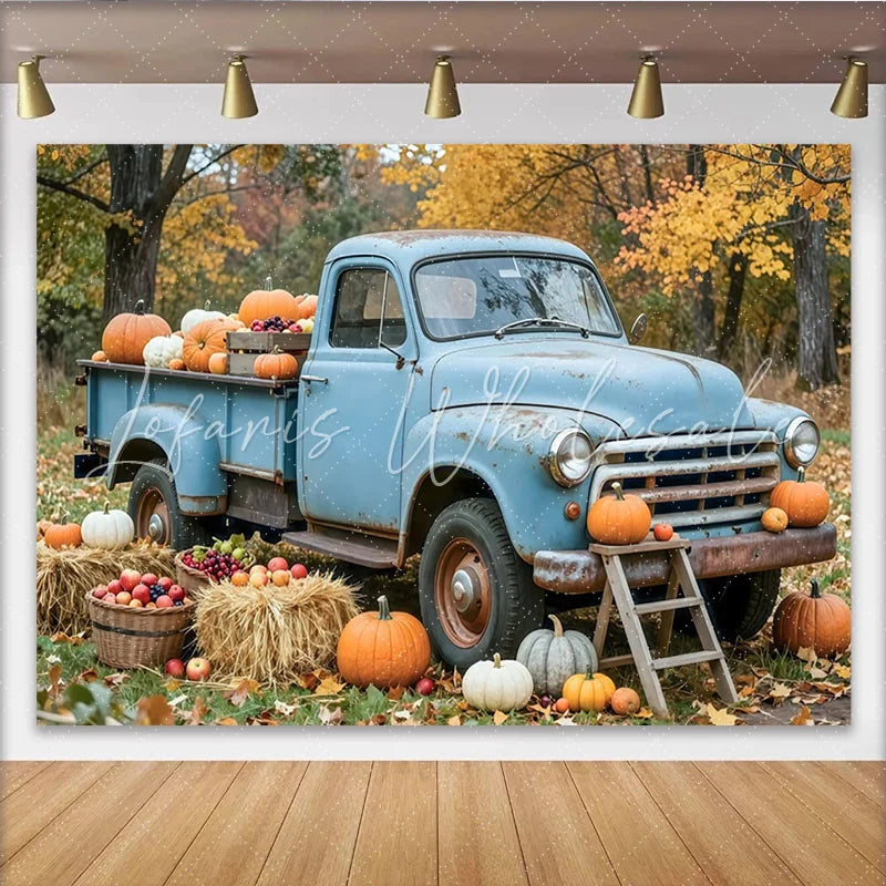 Lofaris Old Blue Truck Autumn Harvest Backdrop with Pumpkins and Hay Bales Rustic Fall Foliage Background for Thanksgiving Party Decoration