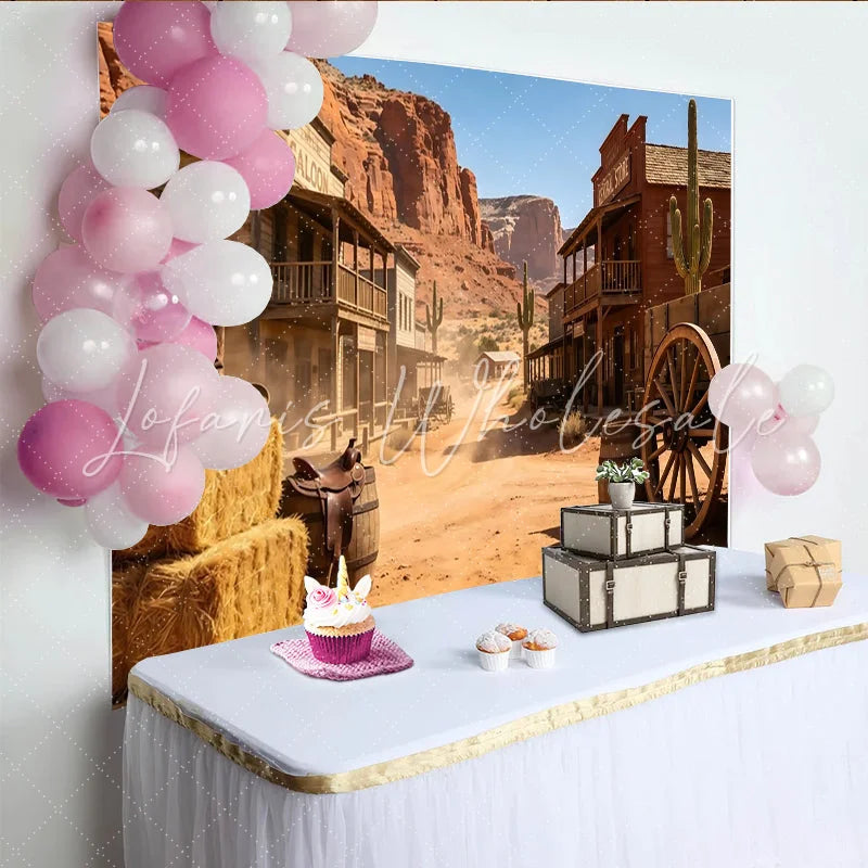 Lofaris Old Western Town Photography Backdrop with Saloon and Desert Mountains Rustic Cowboy Theme Background for Studio and Event Decor