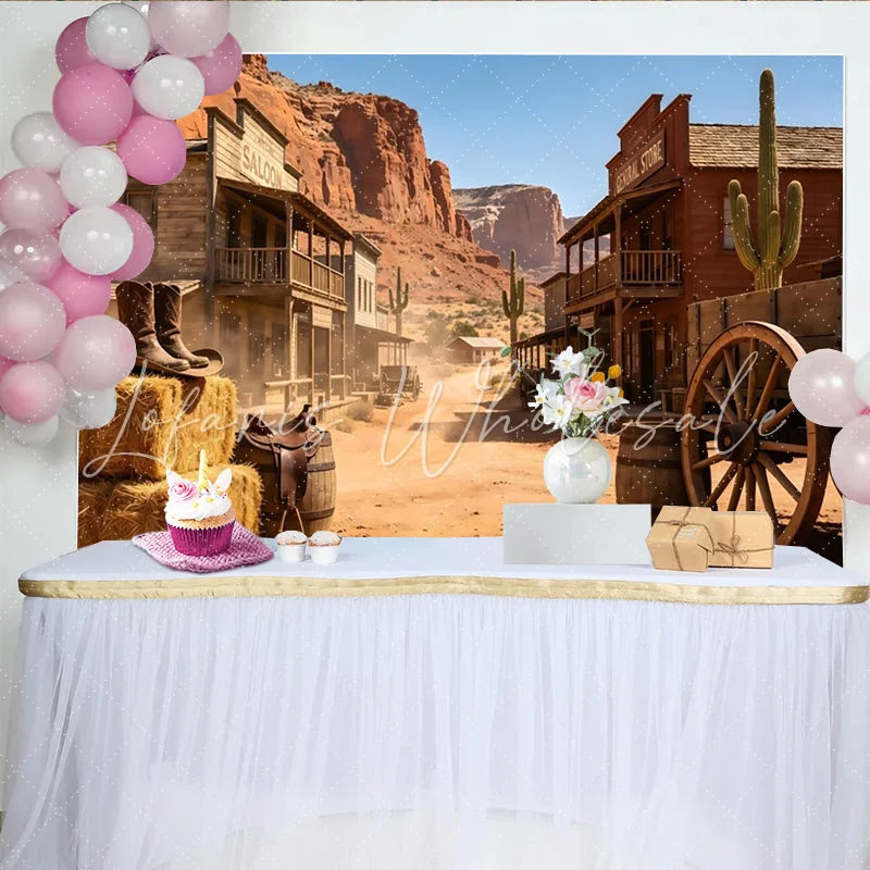 Lofaris Old Western Town Photography Backdrop with Saloon and Desert Mountains Rustic Cowboy Theme Background for Studio and Event Decor