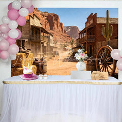 Lofaris Old Western Town Photography Backdrop with Saloon and Desert Mountains Rustic Cowboy Theme Background for Studio and Event Decor
