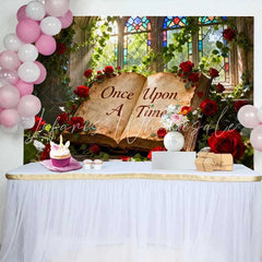 Lofaris Once Upon A Time Storybook Wedding Backdrop with Red Roses Enchanted Stained Glass Window Decor