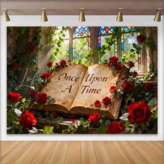 Lofaris Once Upon A Time Storybook Wedding Backdrop with Red Roses Enchanted Stained Glass Window Decor