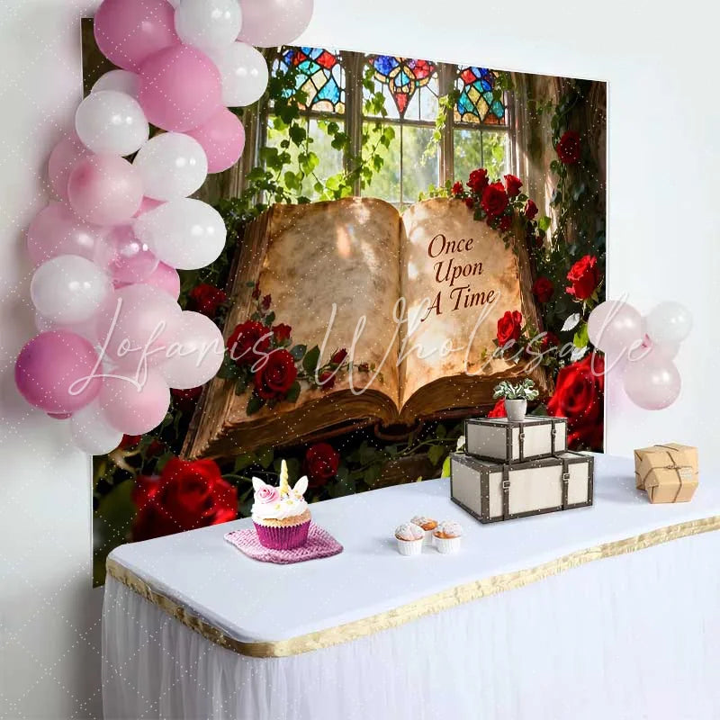 Lofaris Once Upon A Time Storybook Wedding Backdrop with Red Roses Stained Glass Window for Romantic Fairytale Decor