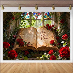 Lofaris Once Upon A Time Storybook Wedding Backdrop with Red Roses Stained Glass Window for Romantic Fairytale Decor