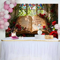 Lofaris Once Upon A Time Storybook Wedding Backdrop with Red Roses Stained Glass Window for Romantic Fairytale Decor