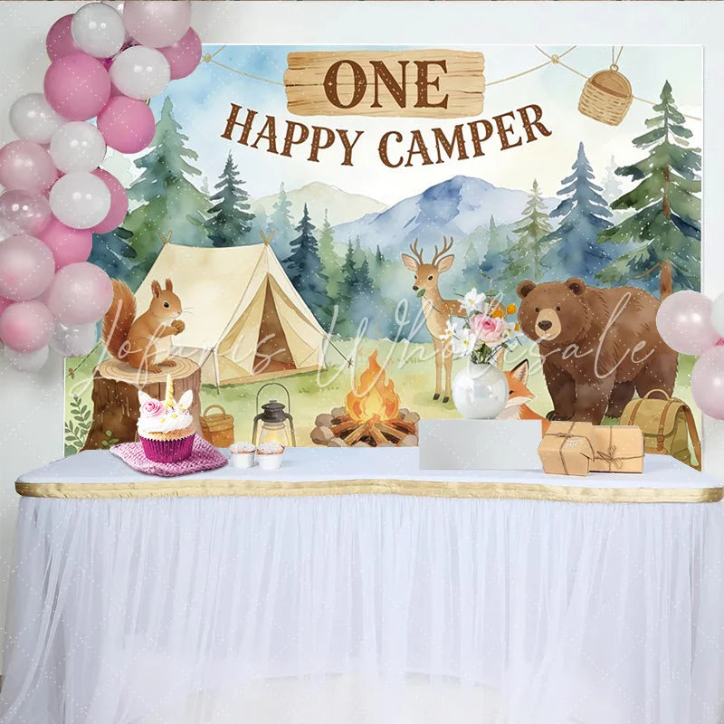 Lofaris One Happy Camper Camping Birthday Backdrop with Forest Animals Tent and Campfire Woodland Party Decor for Celebration.