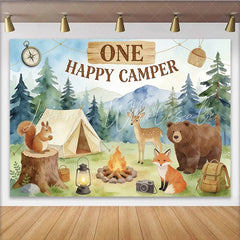 Lofaris One Happy Camper Camping Birthday Backdrop with Forest Animals Tent and Campfire Woodland Party Decor for Celebration.
