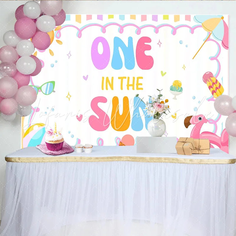 Lofaris One In The Sun 1st Birthday Backdrop with Summer Beach Elements and Pastel Colors Cute Party Background for Baby Photoshoot