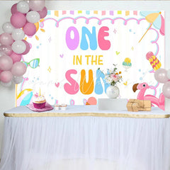 Lofaris One In The Sun 1st Birthday Backdrop with Summer Beach Elements and Pastel Colors Cute Party Background for Baby Photoshoot
