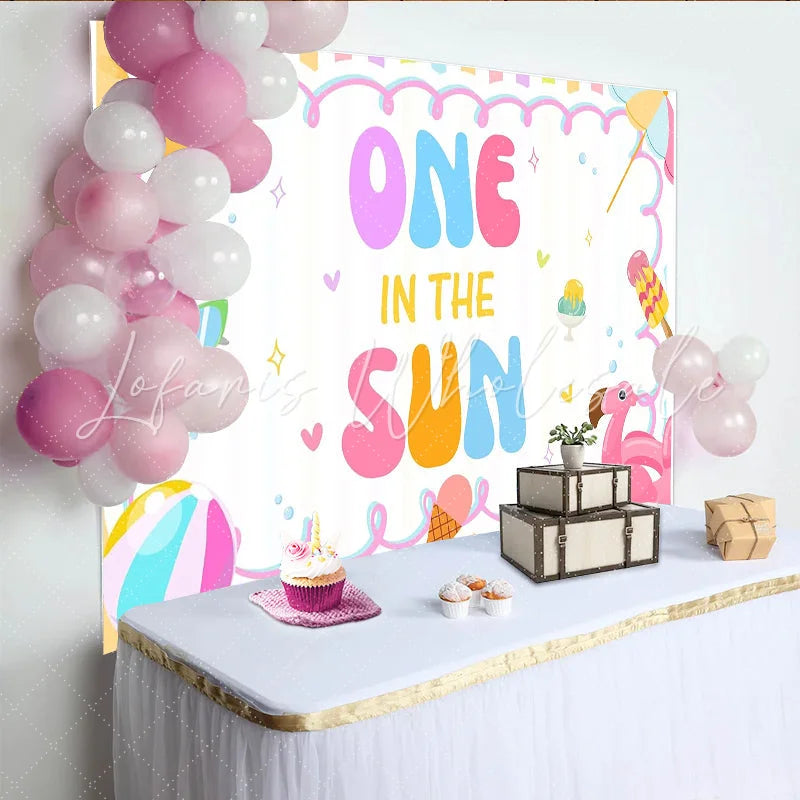 Lofaris One In The Sun 1st Birthday Backdrop with Summer Beach Elements and Pastel Colors Cute Party Background for Baby Photoshoot
