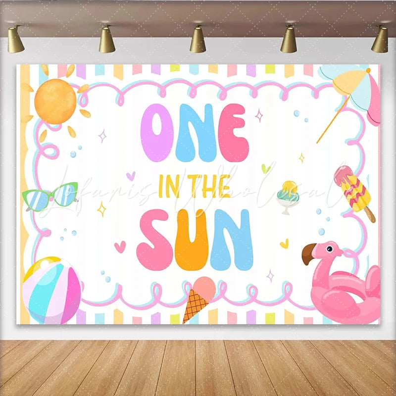 Lofaris One In The Sun 1st Birthday Backdrop with Summer Beach Elements and Pastel Colors Cute Party Background for Baby Photoshoot