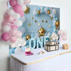 Lofaris One Year Old Birthday Backdrop Blue Balloon Arch with Marquee ONE and Gold Stars for Baby Boy