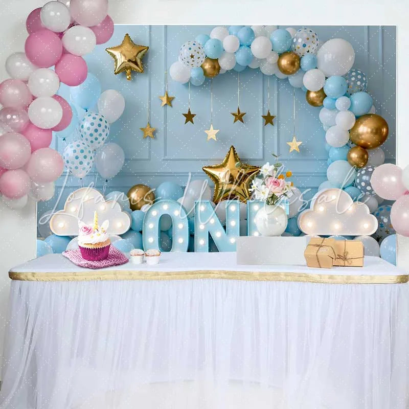 Lofaris One Year Old Birthday Backdrop Blue Balloon Arch with Marquee ONE and Gold Stars for Baby Boy