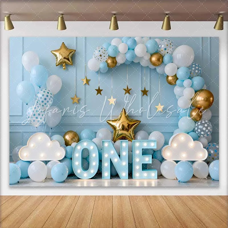 Lofaris One Year Old Birthday Backdrop Blue Balloon Arch with Marquee ONE and Gold Stars for Baby Boy