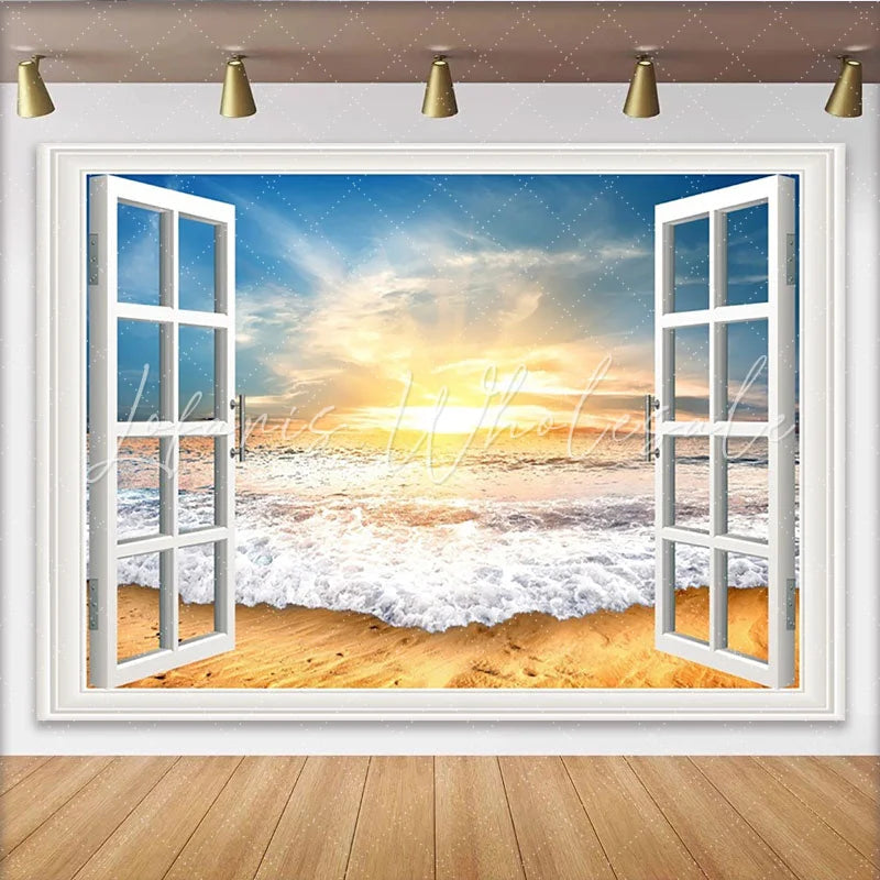 Lofaris Open White Window Beach Photography Backdrop with Golden Sunset Ocean Waves Scenic Studio Background for Photoshoot
