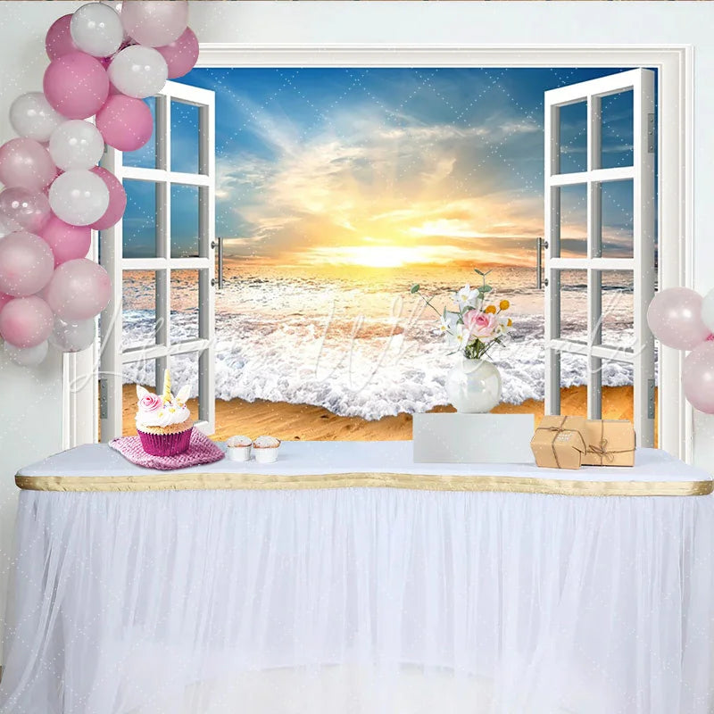 Lofaris Open White Window Beach Photography Backdrop with Golden Sunset Ocean Waves Scenic Studio Background for Photoshoot