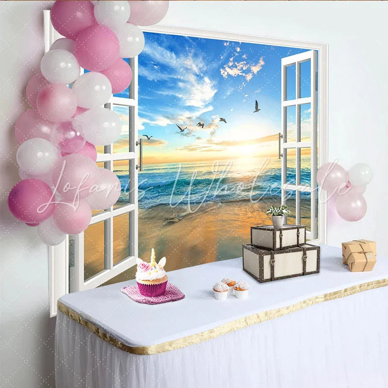 Lofaris Open Window Beach Sunset Photography Backdrop Scenic Ocean View Background for Studio Photoshoot and Home Decor