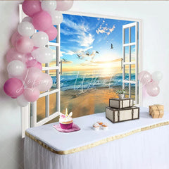 Lofaris Open Window Beach Sunset Photography Backdrop Scenic Ocean View Background for Studio Photoshoot and Home Decor