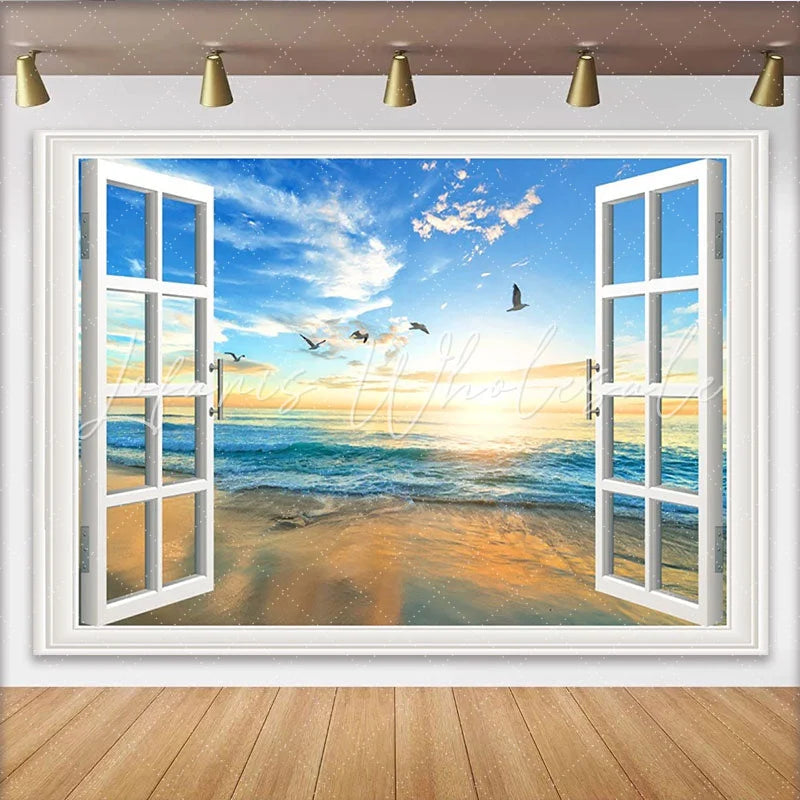 Lofaris Open Window Beach Sunset Photography Backdrop Scenic Ocean View Background for Studio Photoshoot and Home Decor