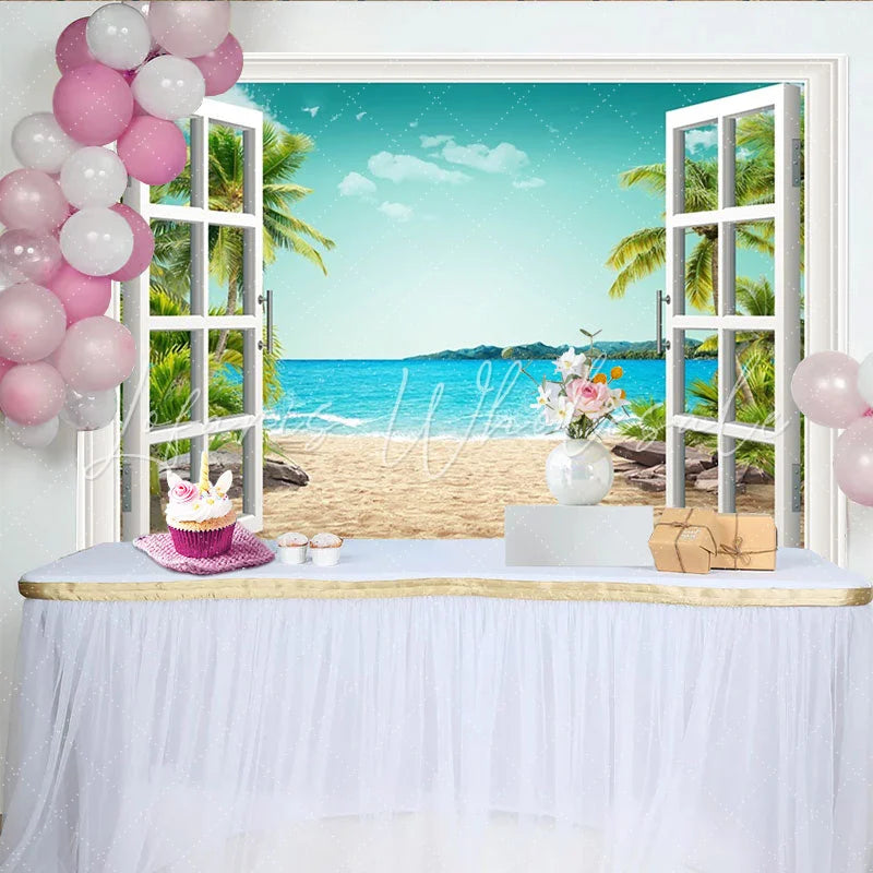 Lofaris Open Window Tropical Beach Photography Backdrop with Palm Trees and Blue Ocean Scenic Summer Background for Studio Photo