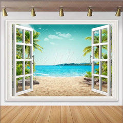 Lofaris Open Window Tropical Beach Photography Backdrop with Palm Trees and Blue Ocean Scenic Summer Background for Studio Photo