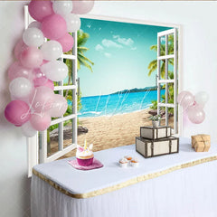 Lofaris Open Window Tropical Beach Photography Backdrop with Palm Trees and Blue Ocean Scenic Summer Background for Studio Photo