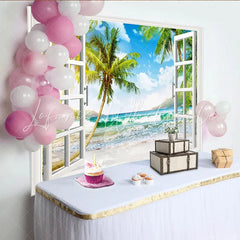Lofaris Open Window Tropical Beach Photography Backdrop with Palm Trees Sunny Ocean View Background for Studio Photoshoot and Home Decor