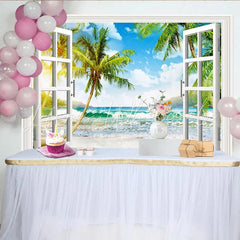 Lofaris Open Window Tropical Beach Photography Backdrop with Palm Trees Sunny Ocean View Background for Studio Photoshoot and Home Decor