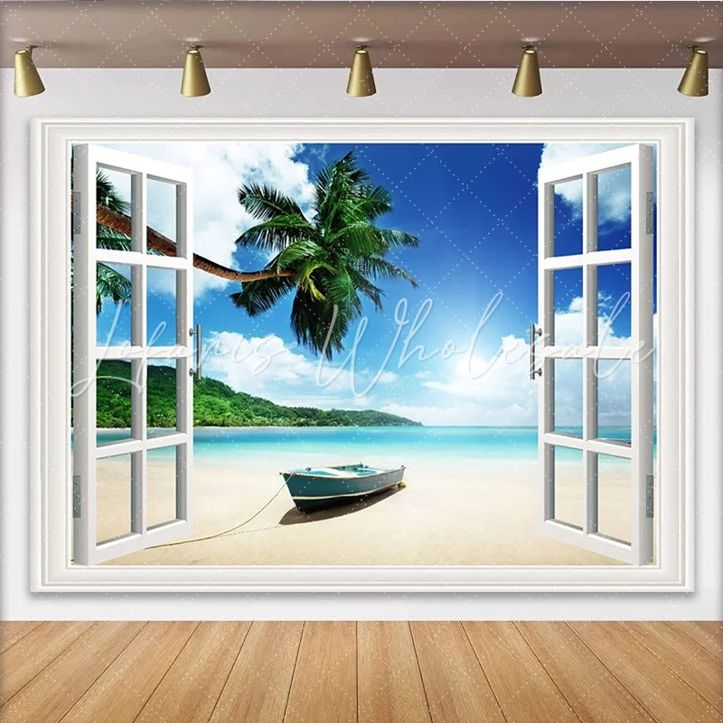 Lofaris Open Window Tropical Beach Photography Backdrop with Palm Trees Sunny Seascape Background for Studio Photoshoot and Decor